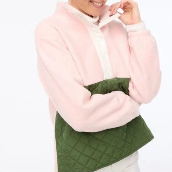 J. Crew Quilted Sherpa Half-Zip Fleece Pullover Sweater Pink Green Size Large - Picture 2 of 8